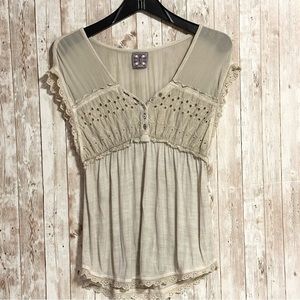 Free People Beige Tan Lace Crochet Short Sleeve Boho Button Top Size Small